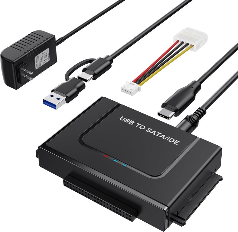 DELXING USB 3.0 to IDE SATA Adapter, USB Type C Hard Drive Reader External HDD Converter for 2.5/3.5 inches IDE SATA HDD SSD, 12V/2A Power Adapter Included - Image 1